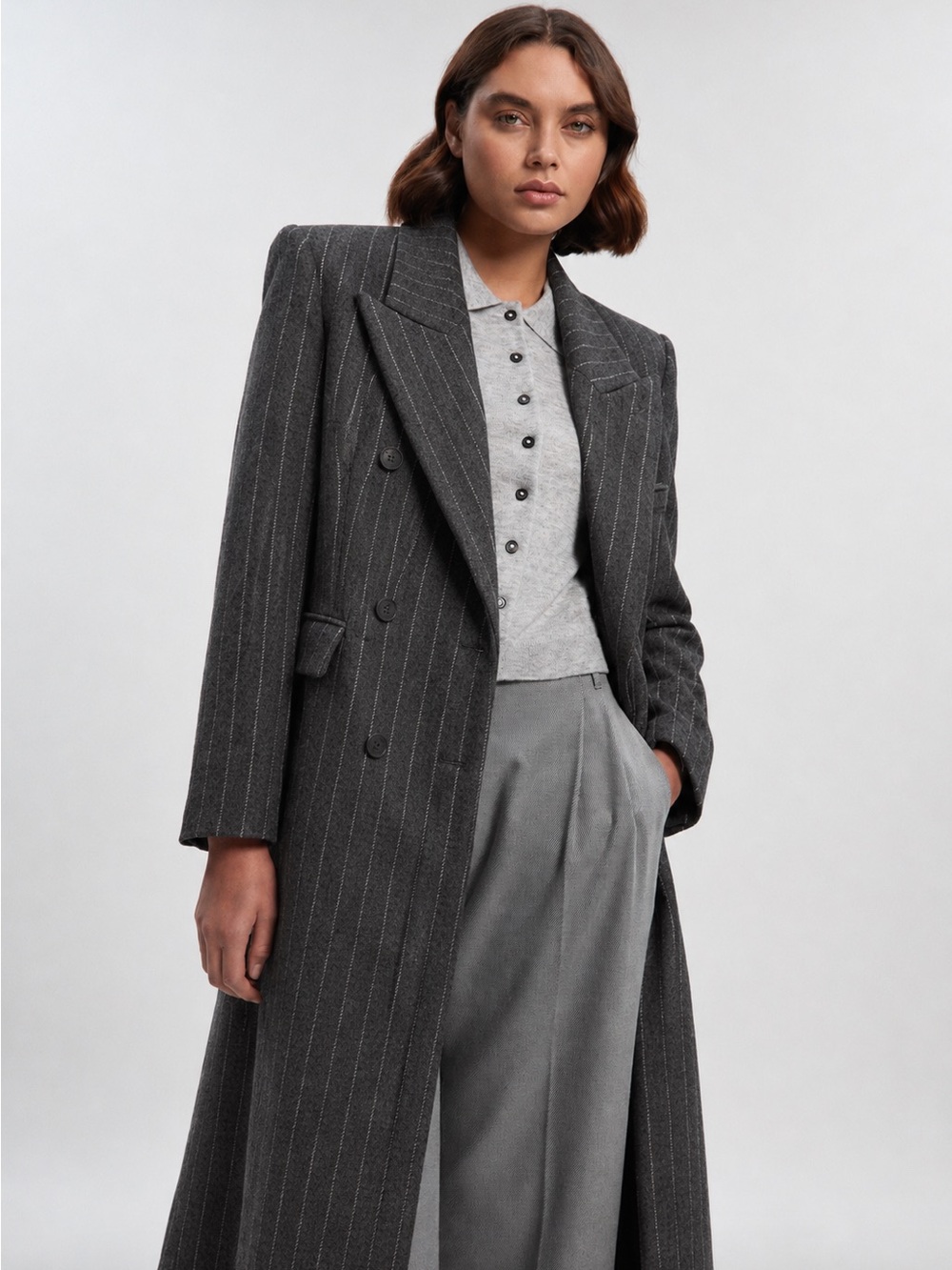 JONES NEW YORK Grey Pinstripe Wool Coat Size S